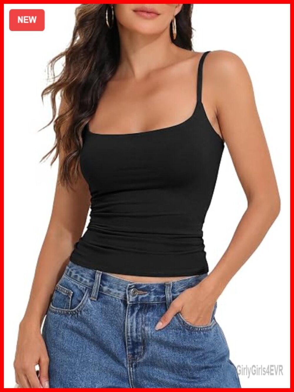 Cotton Cami Top with Built-in Shelf Bra, Adjustable Spaghetti Straps, Square